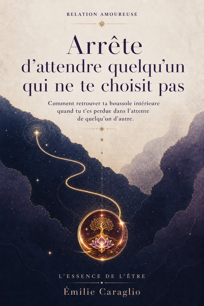 Couverture de l'ebook « Arrête d'attendre quelqu'un qui ne te choisit pas » — guide émotionnel pour sortir de l'attente amoureuse et reprendre ton énergie.