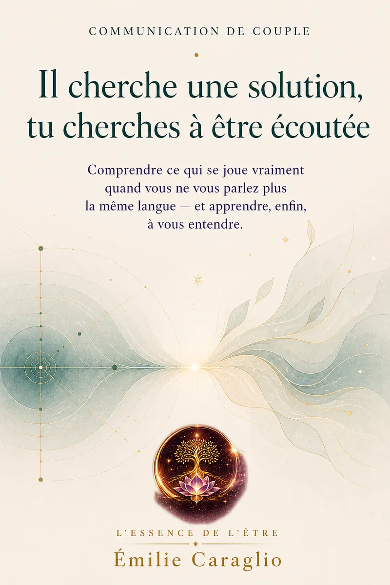 Couverture de l'ebook « Il cherche une solution, tu cherches à être écoutée » — guide de communication de couple pour sortir des malentendus.