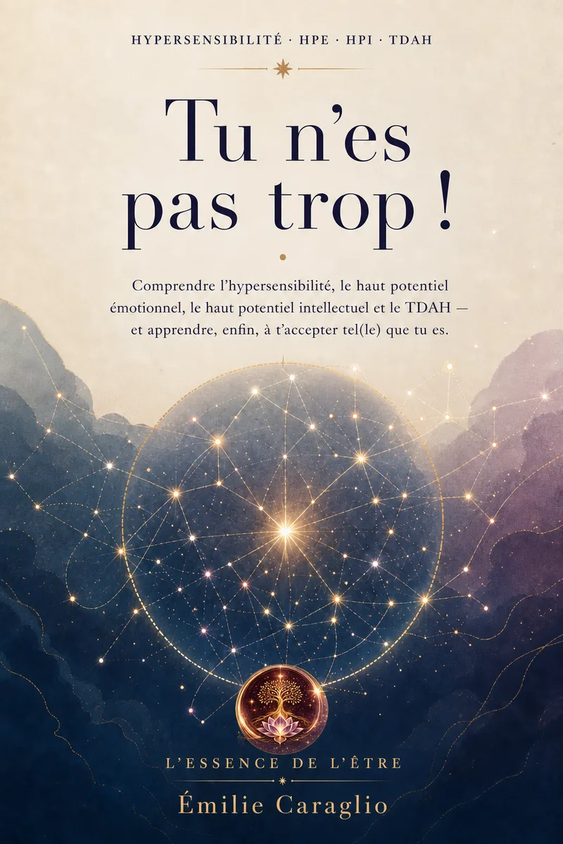 Couverture de l'ebook « Tu n'es pas trop ! » — comprendre l'hypersensibilité, le HPE, le HPI et le TDAH et t'accepter sans étiquette réductrice.