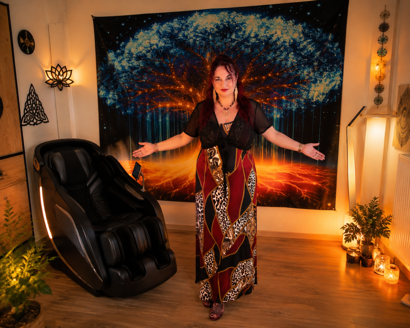 Émilie dans son espace Odyssée Zéro Gravité, à côté du fauteuil 4D — L'Essence de l'Être